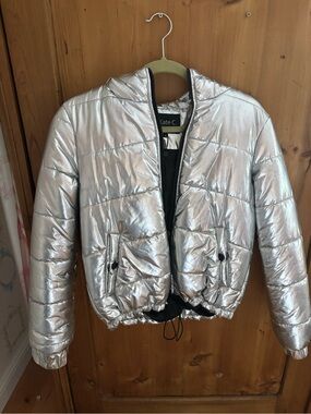 Silver Puffer Jacket with Hood